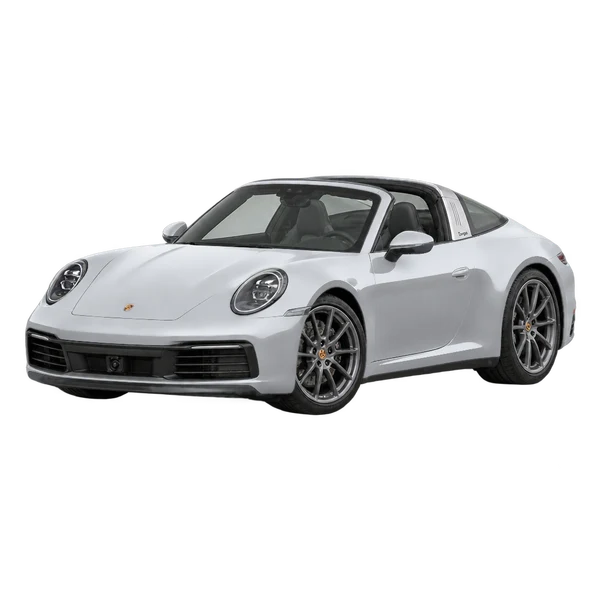 silver 2020 Porsche 911 Targa 4S front three-quarter (facing left) view