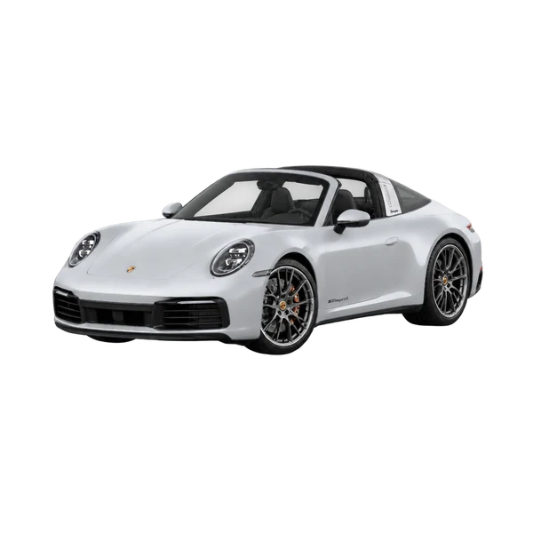 silver 2026 Porsche 911 Targa 4S front three-quarter (facing left) view