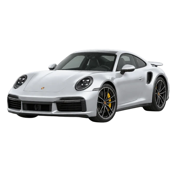 silver 2026 Porsche 911 Turbo S front three-quarter (facing left) view