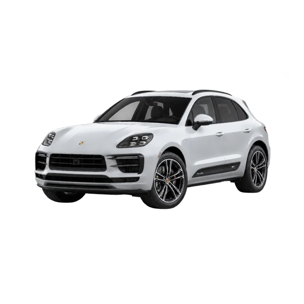 silver 2026 Porsche Macan Turbo front three-quarter (facing left) view