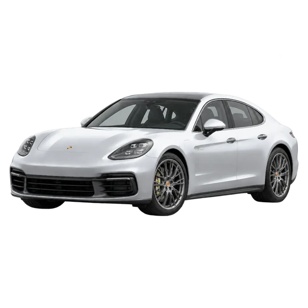silver 2023 Porsche Panamera 4 E-Hybrid front three-quarter (facing left) view
