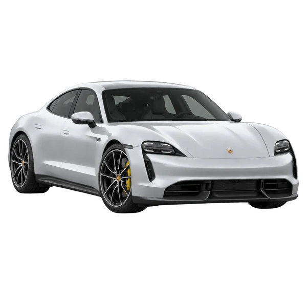 silver 2026 Porsche Taycan Turbo S front three-quarter (facing left) view