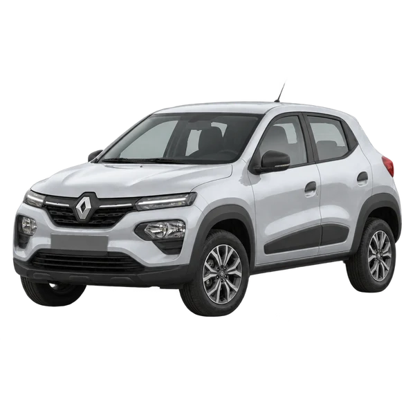 silver 2025 Renault E-Kwid front three-quarter (facing left) view