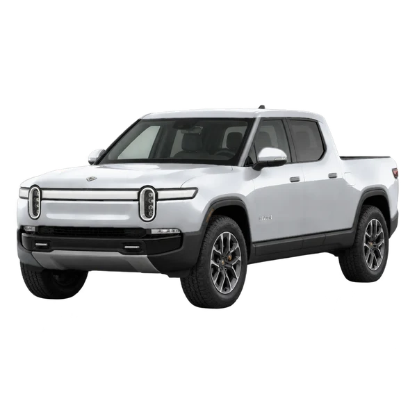 silver 2025 Rivian R1T front three-quarter (facing left) view