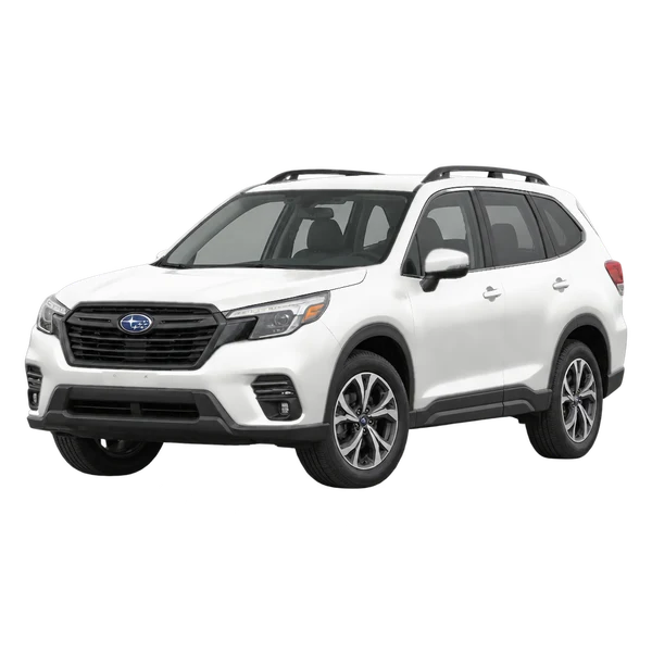 white 2027 Subaru Forester front three-quarter (facing left) view