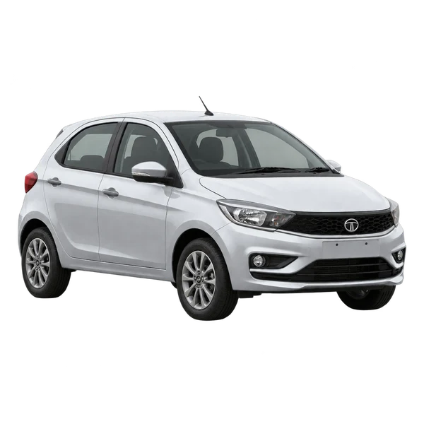 silver 2025 Tata Tiago front three-quarter (facing left) view