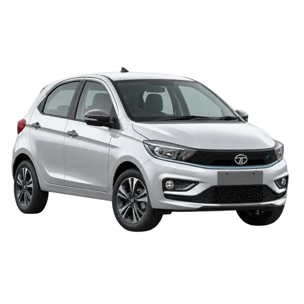 silver 2025 Tata Tiago EV front three-quarter (facing left) view