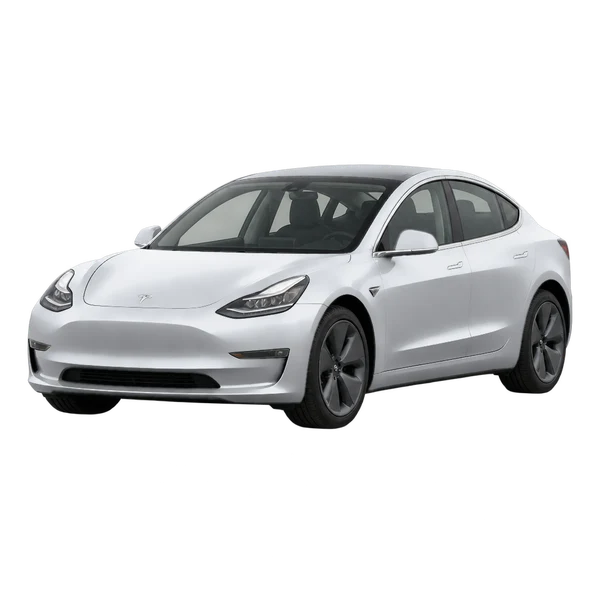silver 2017 Tesla Model 3 front three-quarter (facing left) view