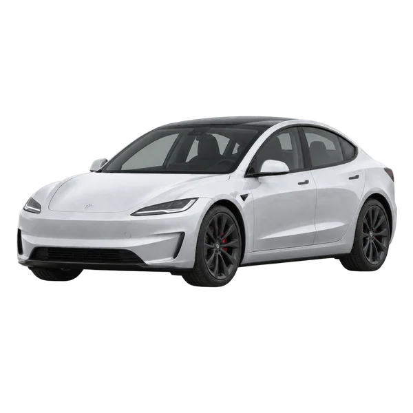 silver 2027 Tesla Model 3 Performance AWD front three-quarter (facing left) view