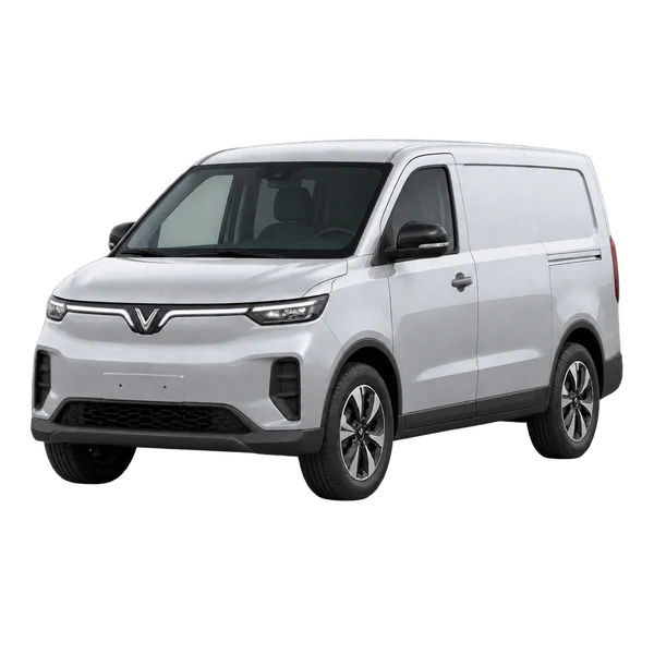 silver 2025 VinFast EC Van front three-quarter (facing left) view