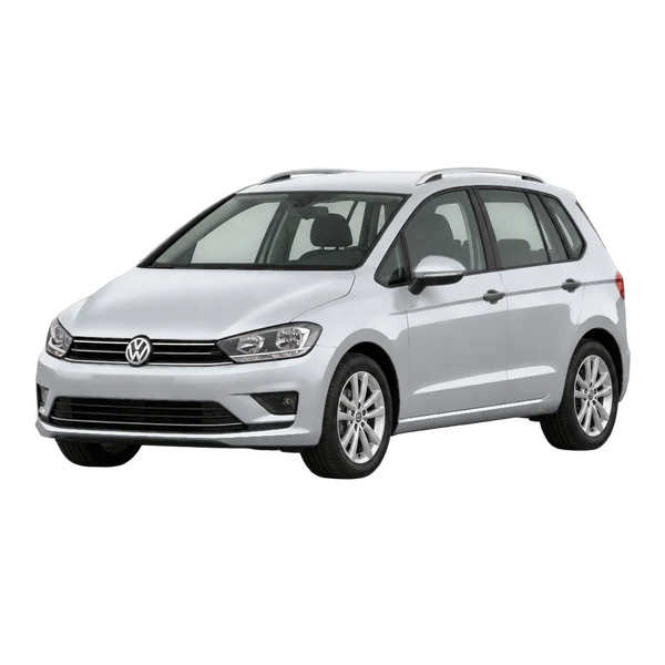 silver 2015 Volkswagen Golf Sportsvan front three-quarter (facing left) view