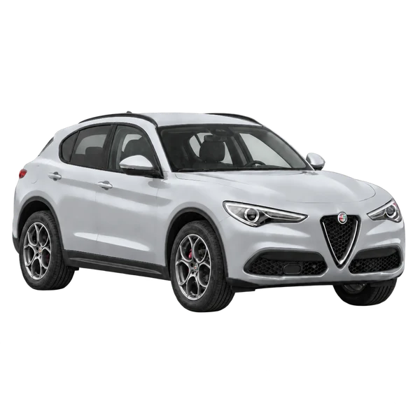 silver 2018 Alfa Romeo Stelvio front three-quarter (facing right) view