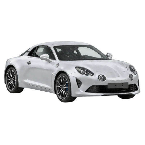 silver 2020 Alpine A110 front three-quarter (facing right) view
