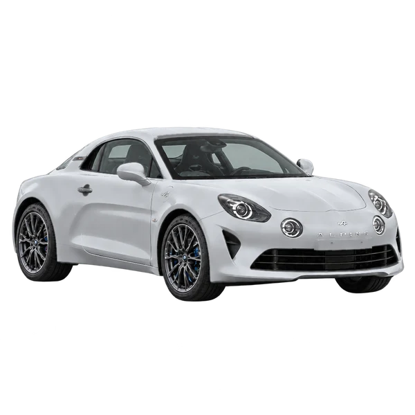 silver 2023 Alpine A110 front three-quarter (facing right) view