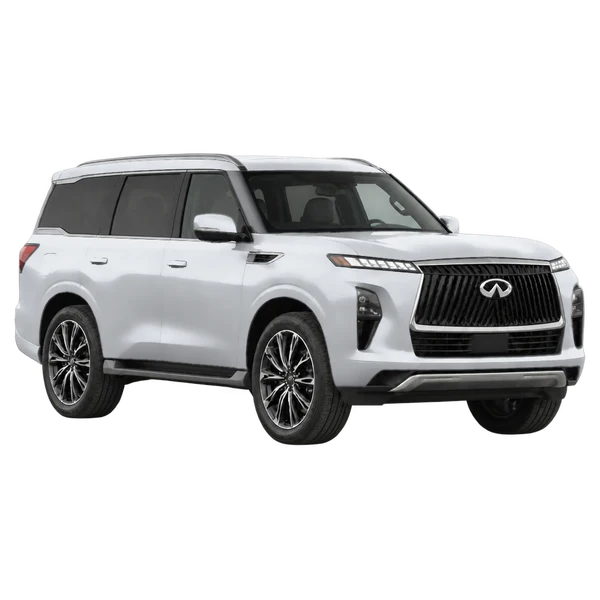 silver 2027 Infiniti QX80 front three-quarter (facing right) view