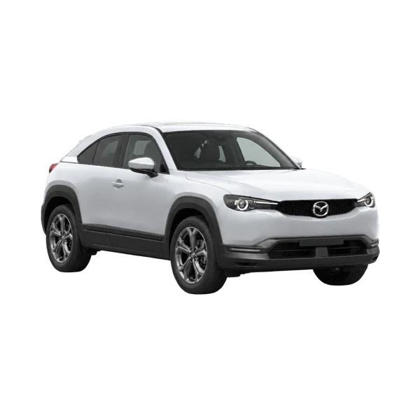 silver 2025 Mazda MX-30 front three-quarter (facing right) view