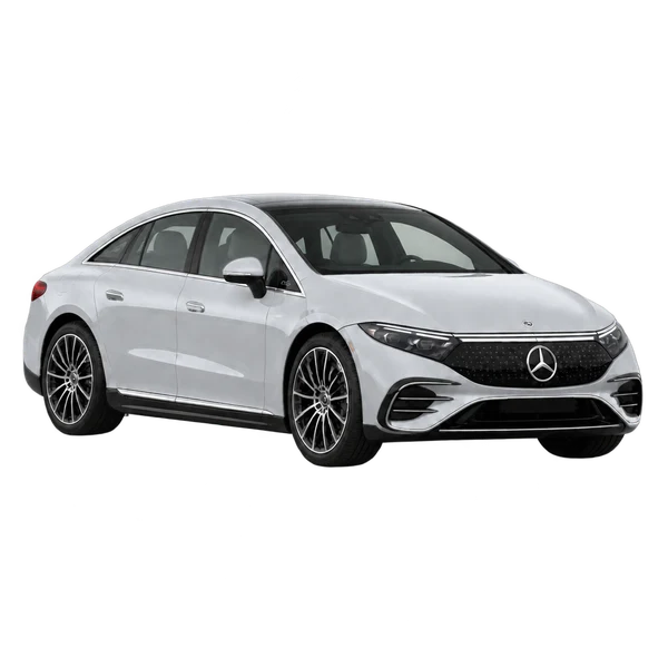 silver 2027 Mercedes-Benz EQS 500 4matic front three-quarter (facing right) view