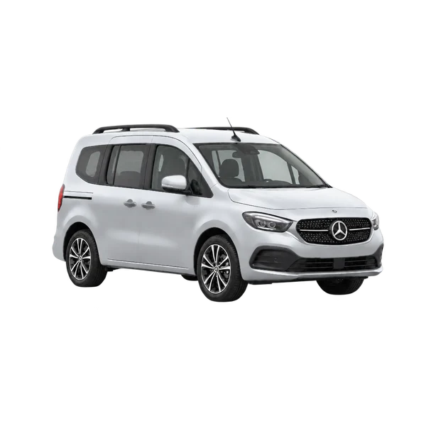 silver 2023 Mercedes-Benz EQT front three-quarter (facing right) view