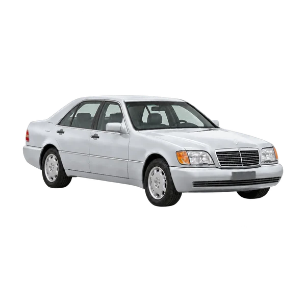 silver 1994 Mercedes-Benz S-Class front three-quarter (facing right) view