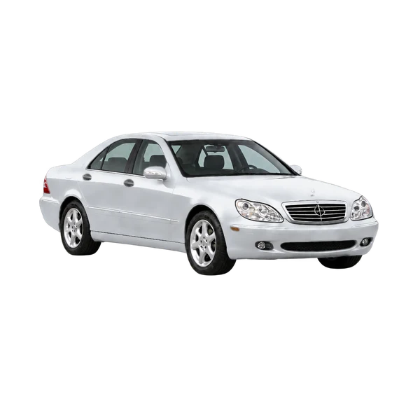 silver 2001 Mercedes-Benz S-Class front three-quarter (facing right) view