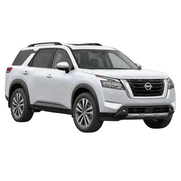 silver 2025 Nissan Pathfinder front three-quarter (facing right) view