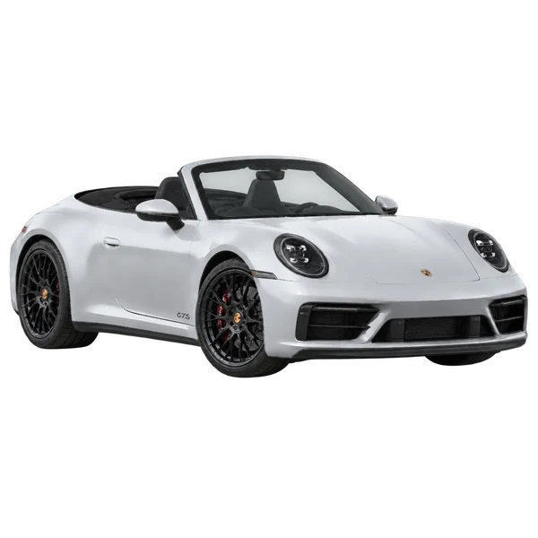 silver 2024 Porsche 911 Carrera 4 GTS Cabriolet front three-quarter (facing right) view