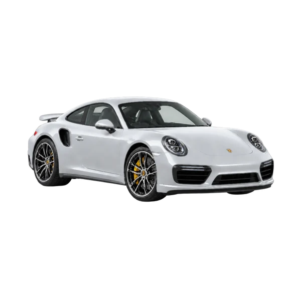 silver 2019 Porsche 911 Turbo S front three-quarter (facing right) view