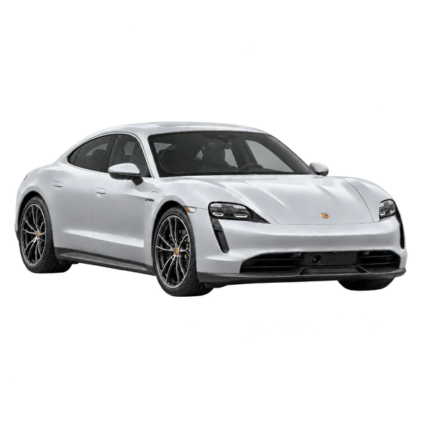 silver 2024 Porsche Taycan Turbo front three-quarter (facing right) view