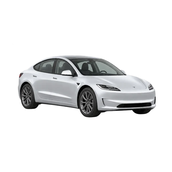 silver 2024 Tesla Model 3 front three-quarter (facing right) view
