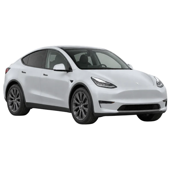 silver 2026 Tesla Model Y front three-quarter (facing right) view