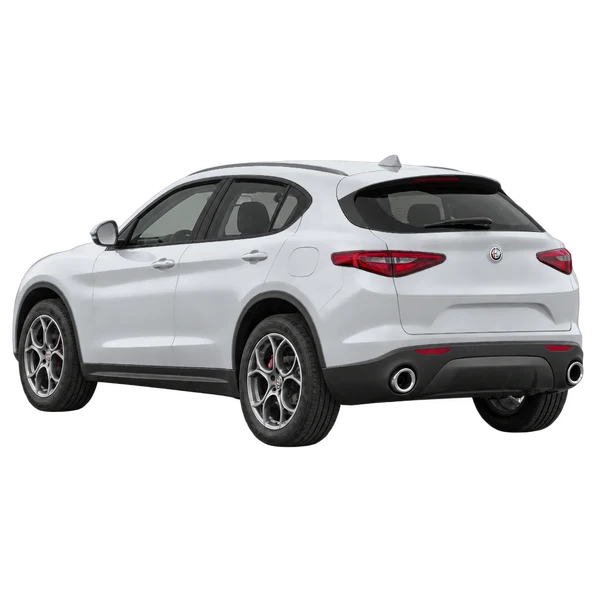 silver 2020 Alfa Romeo Stelvio rear three-quarter (facing left) view