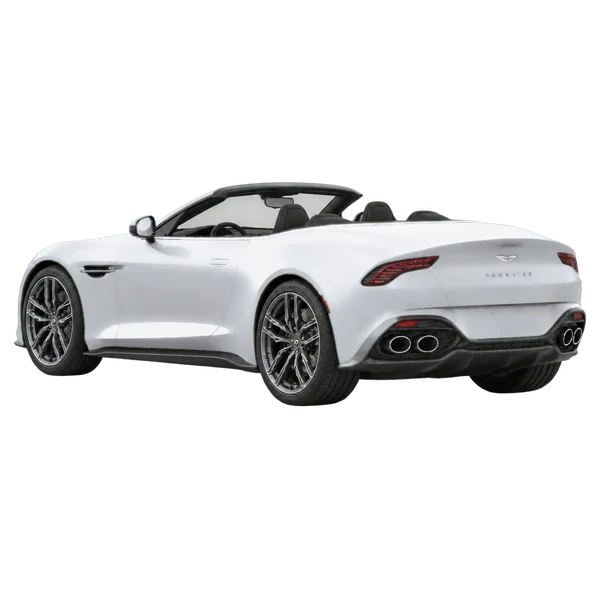 silver 2026 Aston Martin Vanquish Volante rear three-quarter (facing left) view