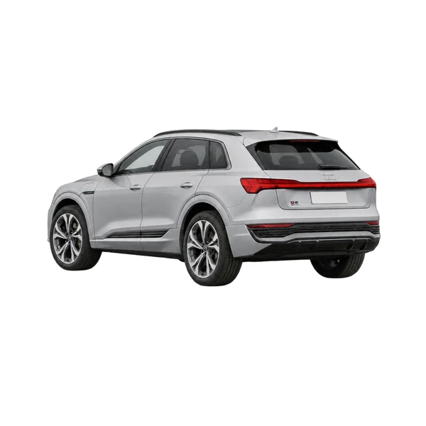 silver 2024 Audi Q8 E-Tron rear three-quarter (facing left) view