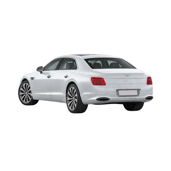 silver 2023 Bentley Flying Spur Hybrid rear three-quarter (facing left) view