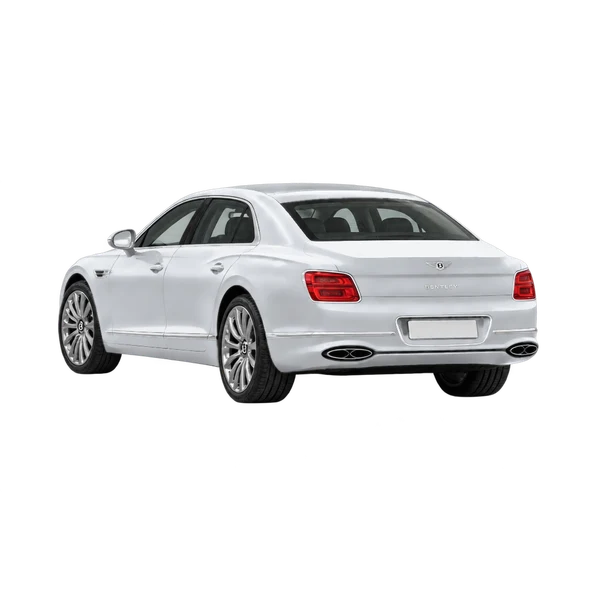 silver 2024 Bentley Flying Spur Hybrid rear three-quarter (facing left) view