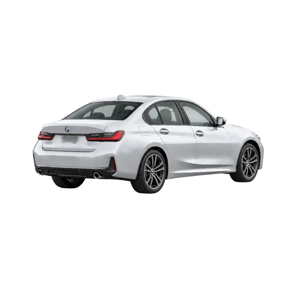 silver 2025 BMW 330i rear three-quarter (facing left) view