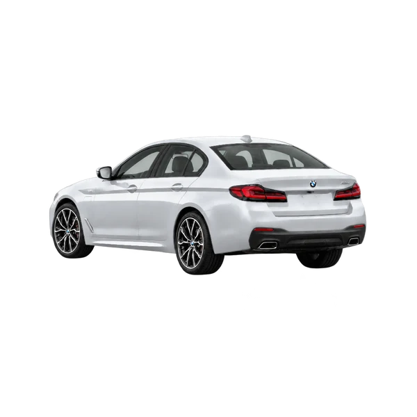 silver 2023 BMW 530e rear three-quarter (facing left) view