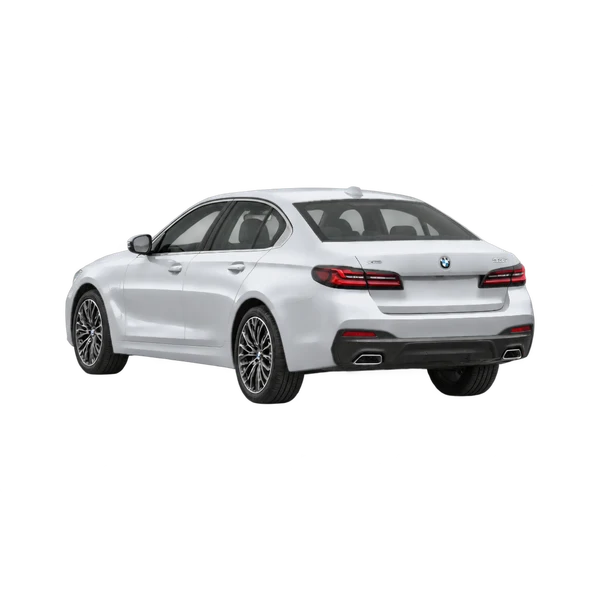 silver 2023 BMW 550E Xdrive rear three-quarter (facing left) view