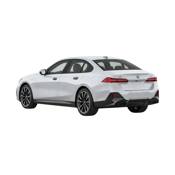 silver 2024 BMW 550E Xdrive rear three-quarter (facing left) view