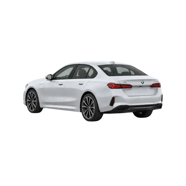 silver 2026 BMW 550E Xdrive rear three-quarter (facing left) view
