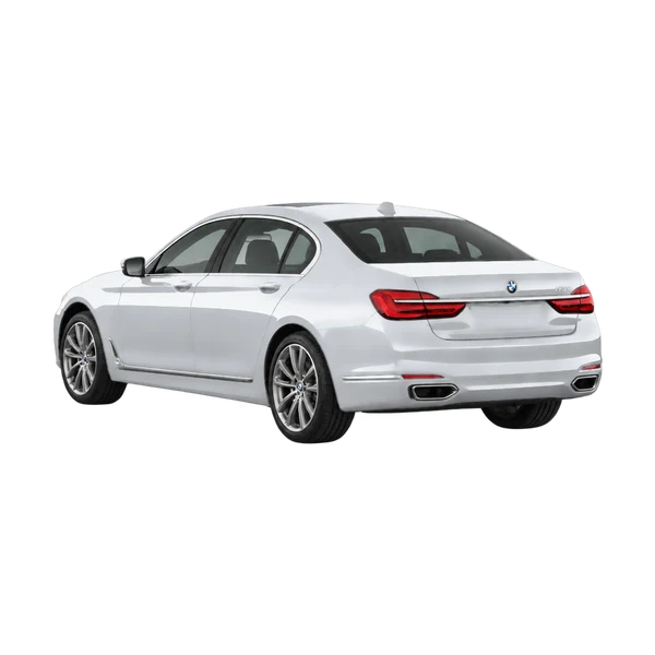 silver 2016 BMW 740D rear three-quarter (facing left) view
