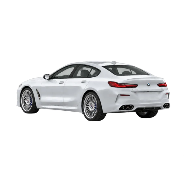 silver 2024 BMW Alpina B8 rear three-quarter (facing left) view