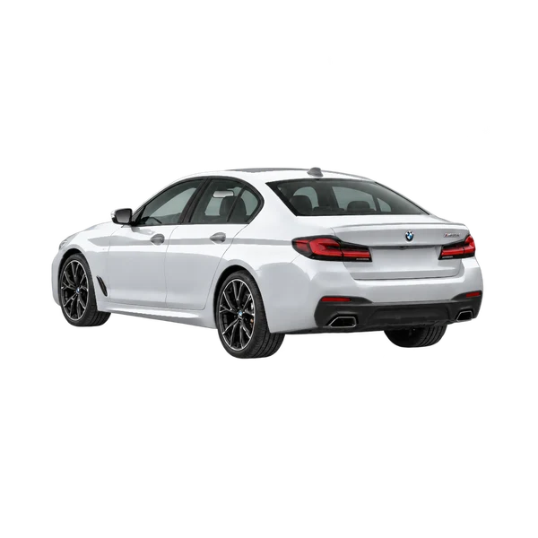 silver 2023 BMW M550i rear three-quarter (facing left) view
