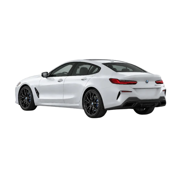 silver 2024 BMW M850i rear three-quarter (facing left) view