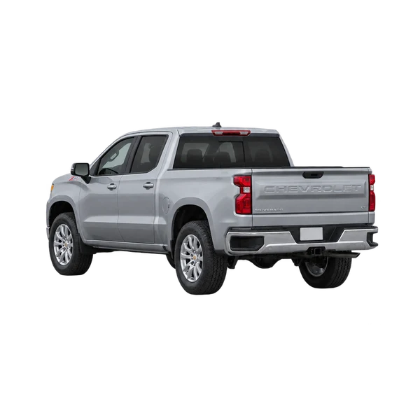 silver 2023 Chevrolet Silverado 1500 rear three-quarter (facing left) view