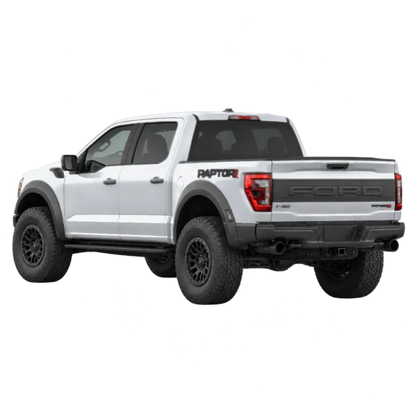 silver 2024 Ford F-150 Raptor R rear three-quarter (facing left) view