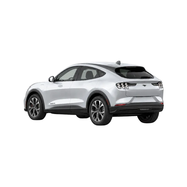 silver 2025 Ford Mustang Mach-E rear three-quarter (facing left) view