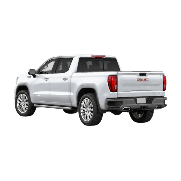 silver 2024 GMC Sierra 1500 Denali rear three-quarter (facing left) view