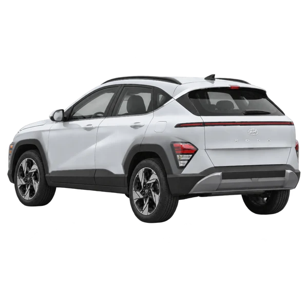 silver 2027 Hyundai Kona rear three-quarter (facing left) view