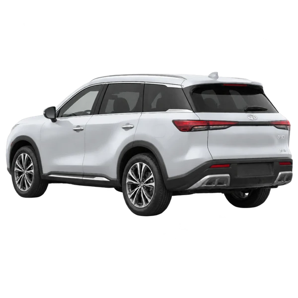 silver 2025 Infiniti QX60 rear three-quarter (facing left) view
